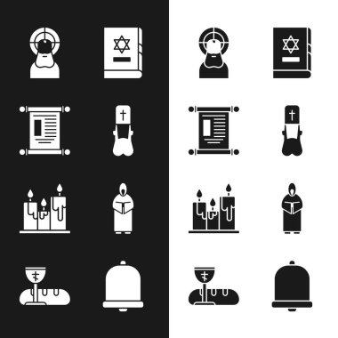Papazın fermanı kağıt parşömen parşömeni İsa Mesih Yahudi torah kitabı mum yakma kilise çanı ve ilk komünyon simgesi simgesi. Vektör.