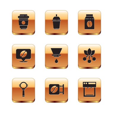 Kahve fincanını, kahve makinesi ve ikonlu V60 model kahve makinesi için filtreleyecek şekilde ayarla. Vektör.