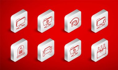 Şarap şişelerini kutu FTP ayarları klasörüne yerleştir. Elektronik araba, yenilenmiş araba ve Tombstone 'u RIP yazılı simgeyle senkronize et. Vektör.