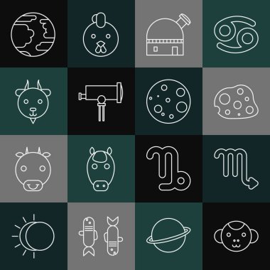 Maymun Zodiac Scorpio Astronomi Astronomi Gözlemevi Teleskobu, Koç Gezegeni Merkür ve Ay ikonu. Vektör.