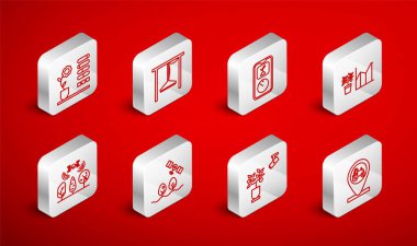 Hat traktörünü ve konumu otomatik sulama fıskiyelerini akıllı tarım teknolojisi çiçek istatistiklerini İHA ve simgeyle ayarla. Vektör.