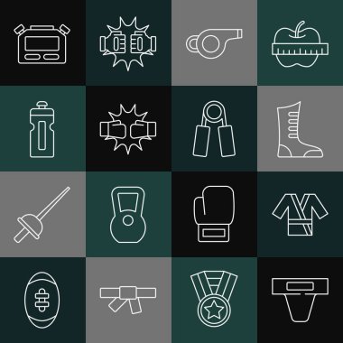 Japon Koruması Kimono Spor Boks Ayakkabıları Whistle Yumruk Eldivenleri Fitness Sallama Saati ve genişletici ikon. Vektör.