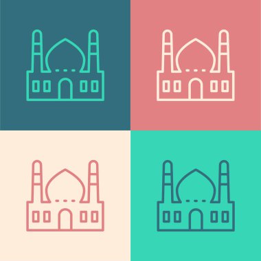 Pop sanat çizgisi Müslüman Cami simgesi renk arkaplanında izole edilmiş. Vektör.