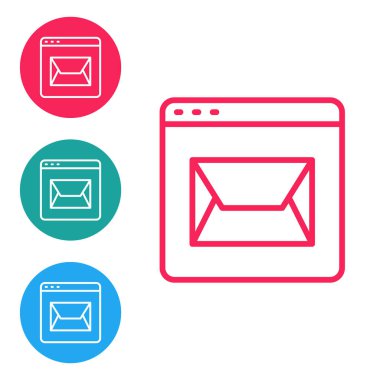 Kırmızı hat web sitesi ve zarf, yeni mesaj, beyaz arkaplanda izole edilmiş posta simgesi. E-posta bültenleri, başlıklar, blog yazıları için kullanım. Simgeleri daire düğmelerine ayır. Vektör.