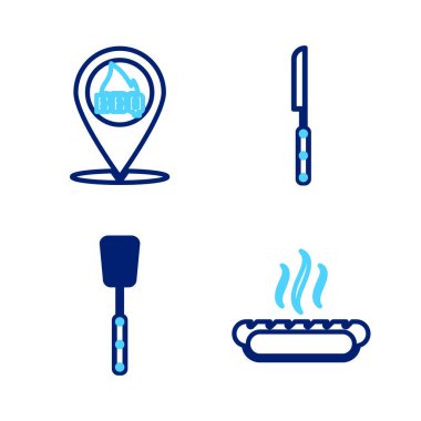 Hotdog sandviçi ızgara spatula bıçağı ve barbekü ikonuyla yer belirle. Vektör.