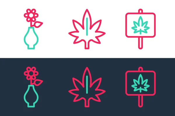 Ustaw Linię Kwiat Marihuany Wazonie Ikonie Wektor — Wektor stockowy