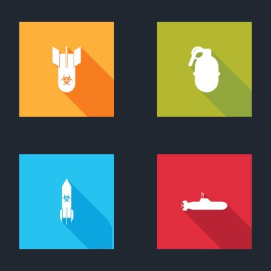 Biyolojik tehlike bombası, el bombası, roket ve denizaltı ikonu hazırlayın. Vektör.