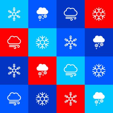 Kar Tanesi 'ni, Karlı Bulut' u, Rüzgarlı Hava ve İkon 'u ayarla. Vektör.