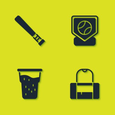 Beyzbol sopası, spor çantası, bir bardak bira ve taban ikonu. Vektör.