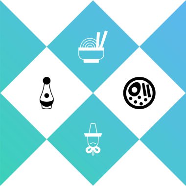 Soju şişesi, Kore şapkası, kasede Asya eriştesi ve Ramen ikonu. Vektör.