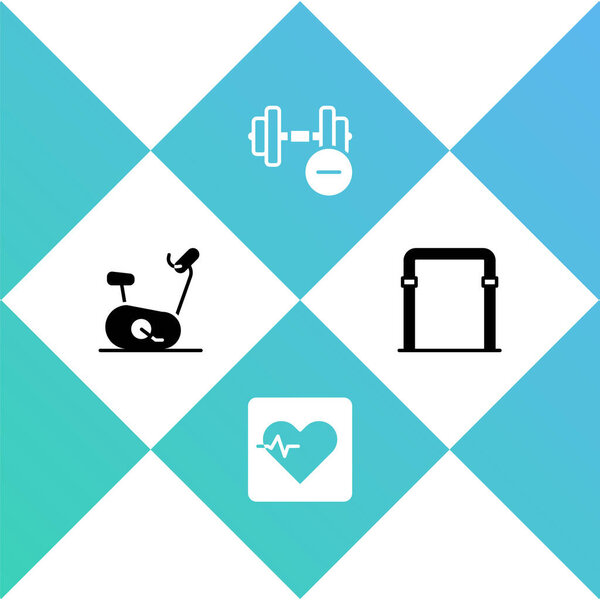 Установить стационарный велосипед, частоту сердечных сокращений, иконку "Дамбелл" и "Спорт". Вектор.