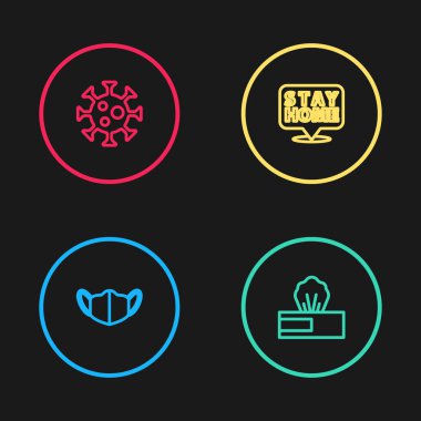 Hat oluşturun Tıbbi koruyucu maske, ıslak mendil paketi, evde kalın ve virüs ikonu. Vektör.