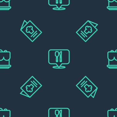 Kafe ve restoranın yerini, Yemek Kitabı ve Kek 'i kusursuz düzende ayarla. Vektör.