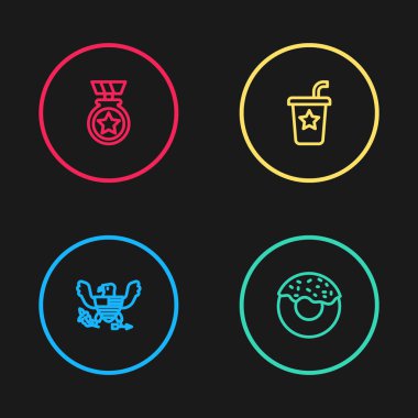 Çizgi Kartal, Donut, saman ve madalya ikonlu kağıt cam. Vektör.