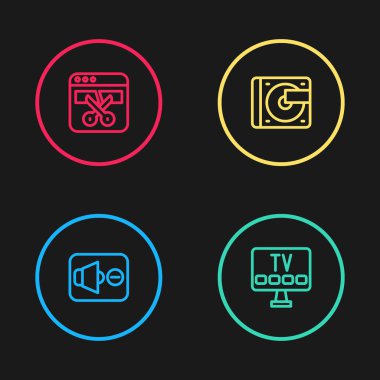 Satır Sözcüsü, Akıllı TV, Vinil oynatıcı ve vinil disk ve video kaydedici veya düzenleyici simgesini ayarla. Vektör.