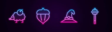 Kirpi Meşe Cadısı Şapkası ve Bal Çubuğu. Parlayan neon ikonu. Vektör.