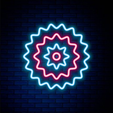 Parlak neon hattı bisiklet kaseti dağ bisikleti ikonu tuğla duvar arkasında izole edilmiş. Arka Bisiklet Sprocket. Zincirle krankset zincirleniyor. Renkli taslak konsepti. Vektör.