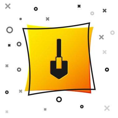 Beyaz arkaplanda siyah kürek simgesi izole edildi. Bahçe aletleri. Bahçecilik, tarım, çiftçilik aleti. Sarı kare düğme. Vektör.