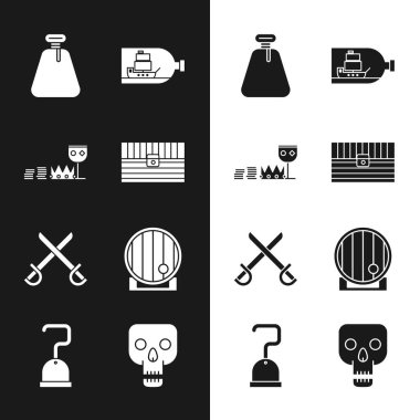 Antika hazine sandığını hazırlayın. Hazine ve zenginlikler. Korsan gemisi, çapraz korsan kılıçlarının içinde tahta kafatası ve kanca ikonu olan bir şişe. Vektör.