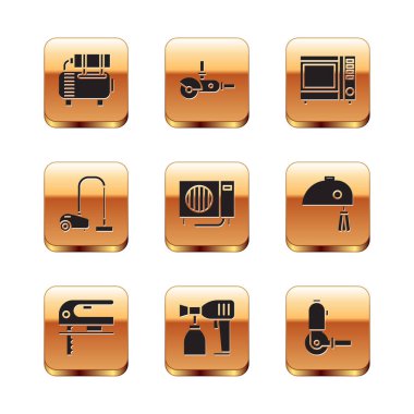 Hava kompresörü elektrikli testere sprey sprey tabanca, elektrikli süpürge ve mikrodalga fırın ikonunu ayarla. Vektör.