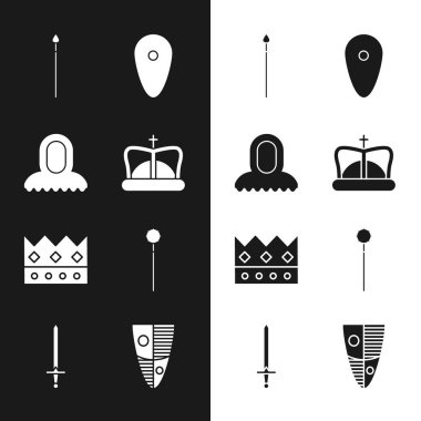 King Crown Ortaçağ kapüşonlu mızrak zıpkını zincirli topuz ve kılıç ikonu. Vektör.