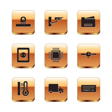 Güvenlik kamerası Meteoroloji termometre kargo kamyonu işlemcisini mikro devre işlemci elektrik prizi yazıcı klavyesi ve simgeyle ayarla. Vektör.