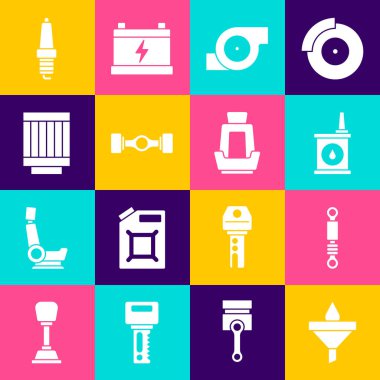 Motor otomotiv turbo şarj aracı Chassis araba filtresi hava filtresi buji ve koltuk ikonu için Huni ve yağ damlası emici tüpü ayarlayın. Vektör.