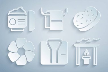 Bornoz süngerini, Çiçek Aroma mumunu, havluyu, kremi ya da losyon kozmetik tüp ikonunu hazırla. Vektör.