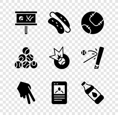 Planlama stratejisi Hotdog sandviçi, beyzbol eldiveni, bir şişe su ve ikon. Vektör.