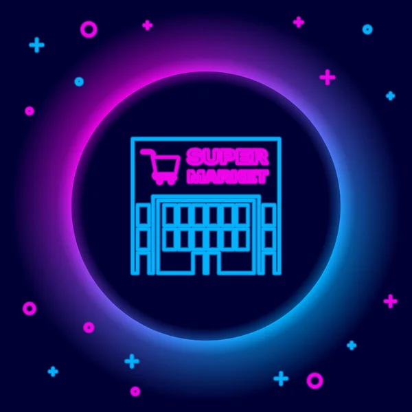 Świecąca Neonowa Linia Budynek Supermarketu Ikoną Koszyka Czarnym Tle Zakupy — Wektor stockowy