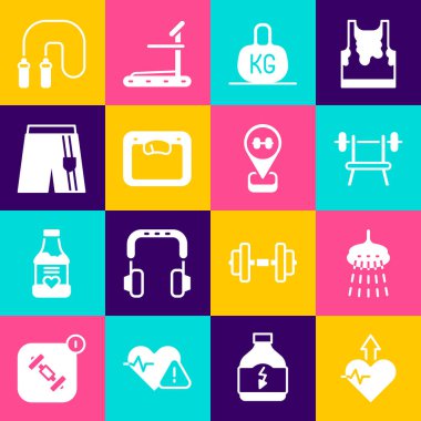 Kalp atışlarını ayarla. Halter ağırlığı ile duş bankını yükselt. Kısa veya pantolon atlama ipi ve spor salonu ikonu. Vektör.