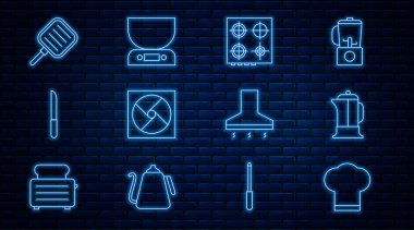 Şef şapkalı Fransız baskılı soba ve havalandırma bıçaklı tava sökücü fanı ve elektronik ölçekli ikon ayarla. Vektör.