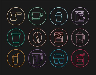 El yapımı kahve öğütücü Fransız kahve fincanını kahve makinası ve ikon haline getirmek için ayarla. Vektör.