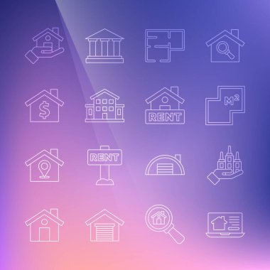 Çevrimiçi Emlak Evi Gökdelen Evi planı. Dolar sembolü Emlakçı ve Asılma simgesi Rent simgesi. Vektör.