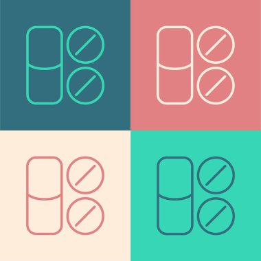 Popüler sanat eseri diş ağrısı ağrı kesici tablet ikonu renk arkaplanında izole edilmiş. Diş bakımı ilacı. Kapsül hapı ve ilaç. Eczane tasarımı. Vektör.