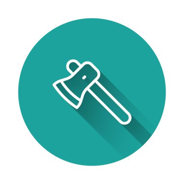 Beyaz çizgi tahta balta ikonu uzun gölgeli izole edilmiş. Oduncu baltası. Yeşil daire düğmesi. Vektör.