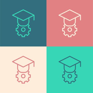 Pop Art Line mezuniyet kapağı simgesi renk arkaplanında izole edildi. Tassel ikonlu mezuniyet şapkası. Vektör.