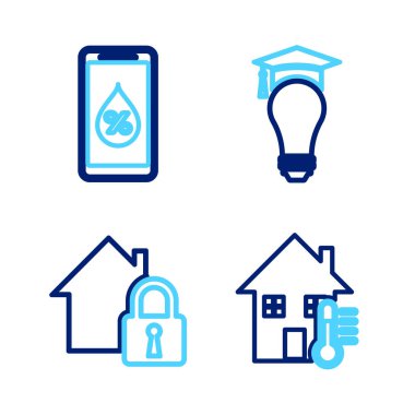 Akıllı ev simgesi için ev sıcaklığını, ampul ve mezuniyet şapkası ve rutubeti koruma altına alın. Vektör.