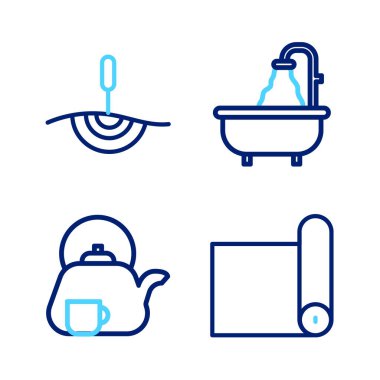 Bardak küveti ve akupunktur terapisi ikonu ile Fitness hasırı rulo çaydanlığı ayarla. Vektör.