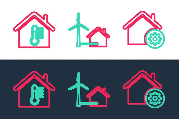 Set Line Smart Home Settings House Temperature Wind Turbine Icon — Stock Vector