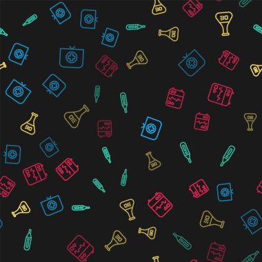 Hemşire şapkasını haç, medikal dijital termometre, test tüpü ve matara ve kardiyogramı kusursuz bir şekilde ayarla. Vektör.