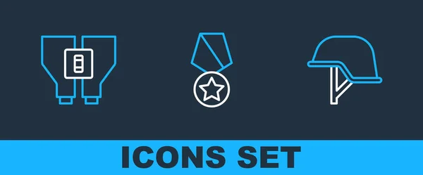 Set Line Military Helmet Binoculars Reward Medal Icon Vector — Stock Vector