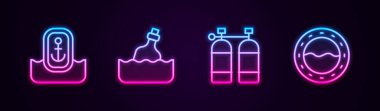 Aqualung ve gemi lombozuna çapa şişe mesajı ile hat konumunu ayarlayın. Parlayan neon ikonu. Vektör.