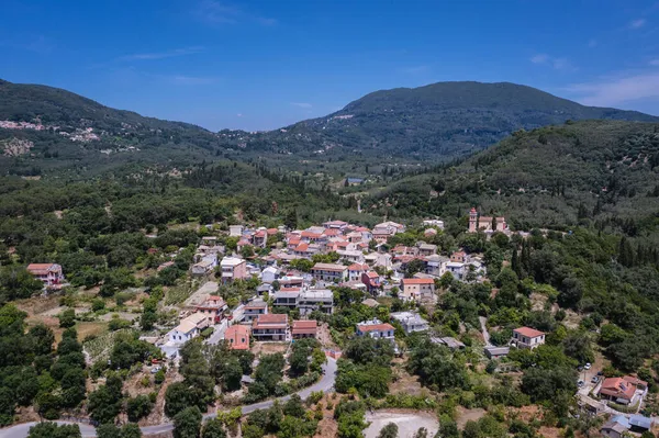 Drone Foto Van Vouniatades Bergachtig Dorp Het Eiland Corfu Griekenland — Stockfoto