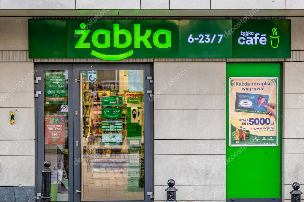 Warsaw, Poland - August 28, 2021: Entrance to Zabka convenience shop in Warsaw