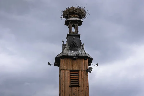 波兰西里西亚的一个小村庄Miedzyrzecze Gorne的一座木塔上 一只白鹤的窝 — 图库照片