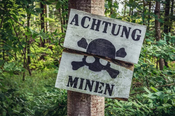 Warning Mines Sign Mamerki Former Nazi Bunker Complex Poland — Stock Photo, Image