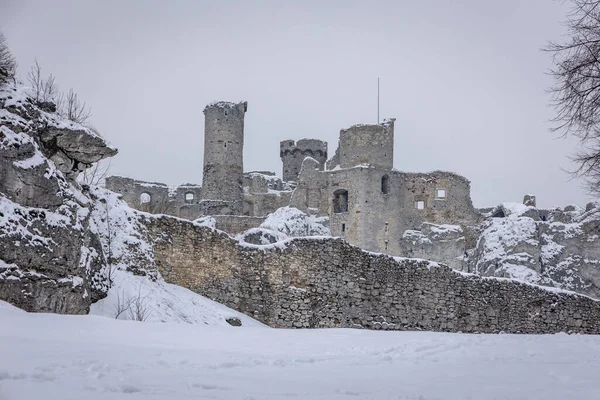 Winter Uitzicht Kasteel Ogrodzieniec Podzamcze Dorp Polen — Stockfoto