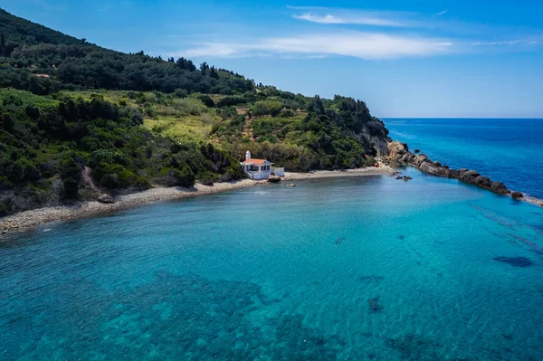 Aerial View Beach Chapel Nikola Skala Paramonas Villages Corfu Island — ストック写真