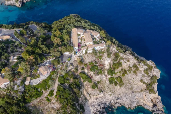 Aerial Drone View Monastery Palaiokastritsa Village Corfu Island Greece — Foto de Stock